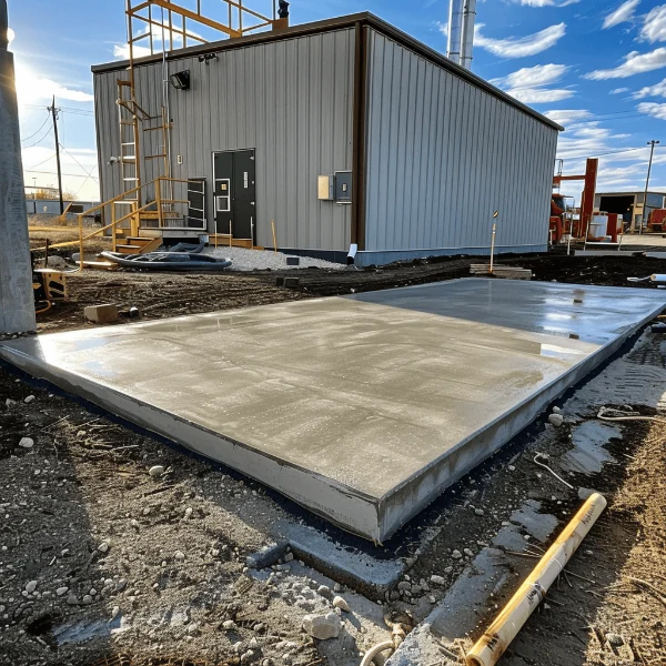 Level concrete equipment slab and support pad beside a commercial building